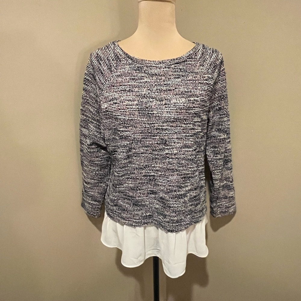 LOFT Navy and White Tweed Knit Top with  off white under hem, size Medium